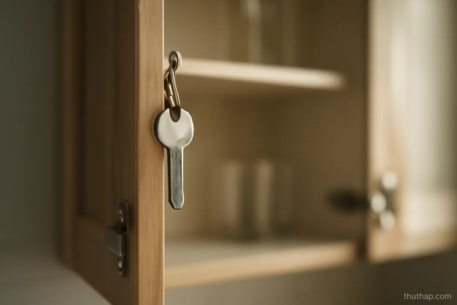 a spare key hanging on a small hook inside an open kitchen cupboard door
