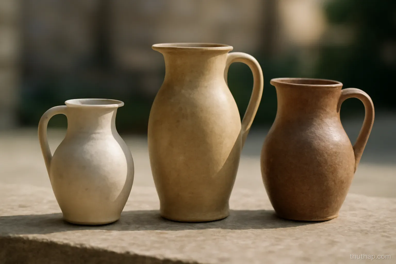three jugs of different shapes standing together on a wide stone ledge in daylight