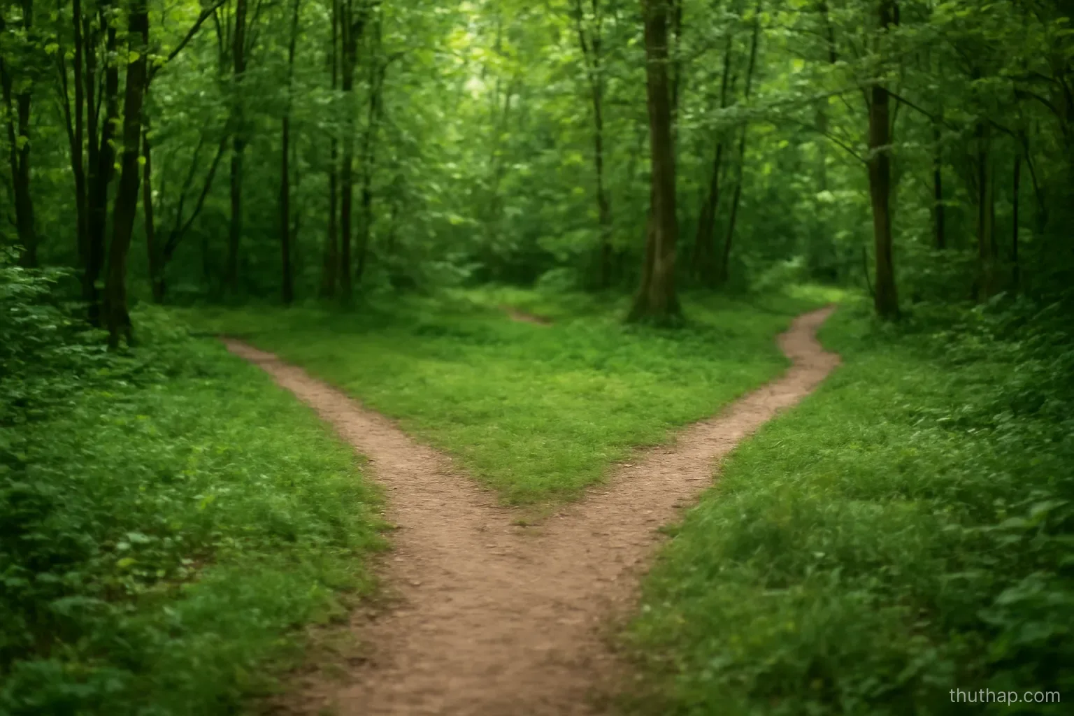 three narrow paths leading away from a single clearing in a quiet green wood