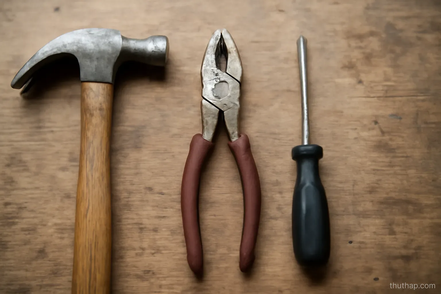three separate hand tools laid out on a workbench, each meant for a different job