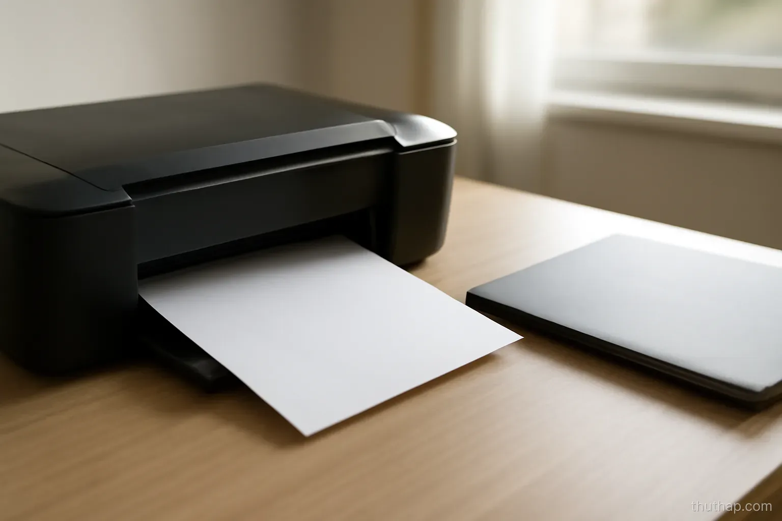 a freshly printed sheet emerging from a printer beside a closed laptop on a desk