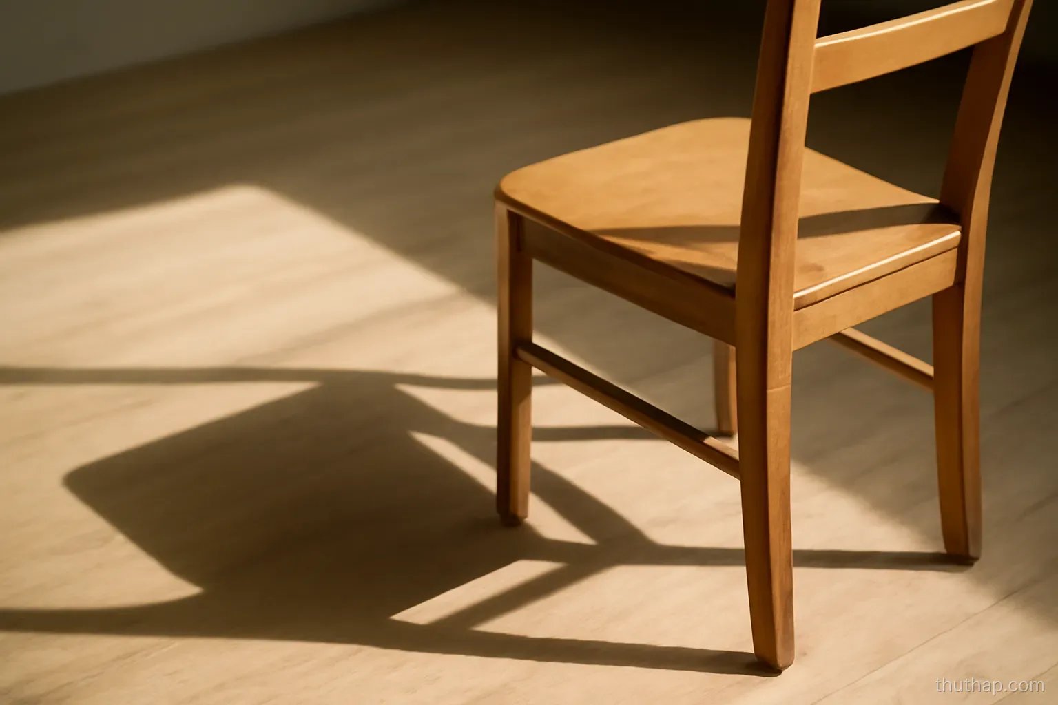 the shadow of a wooden chair cast across a floor beside the chair itself