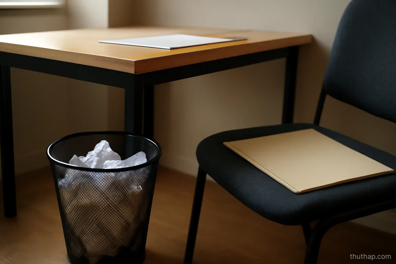 a wastebasket beside a desk with one folder set aside on a nearby chair