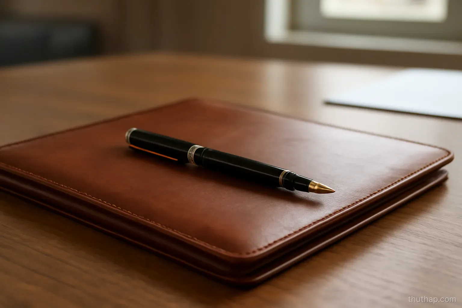 a fountain pen lying across a closed leather document folder on a wide desk