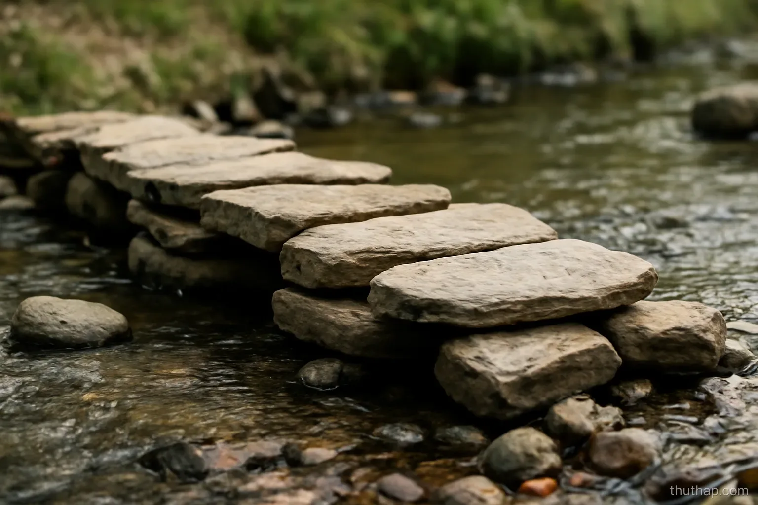 several small flat stones placed together to form a low bridge over a stream