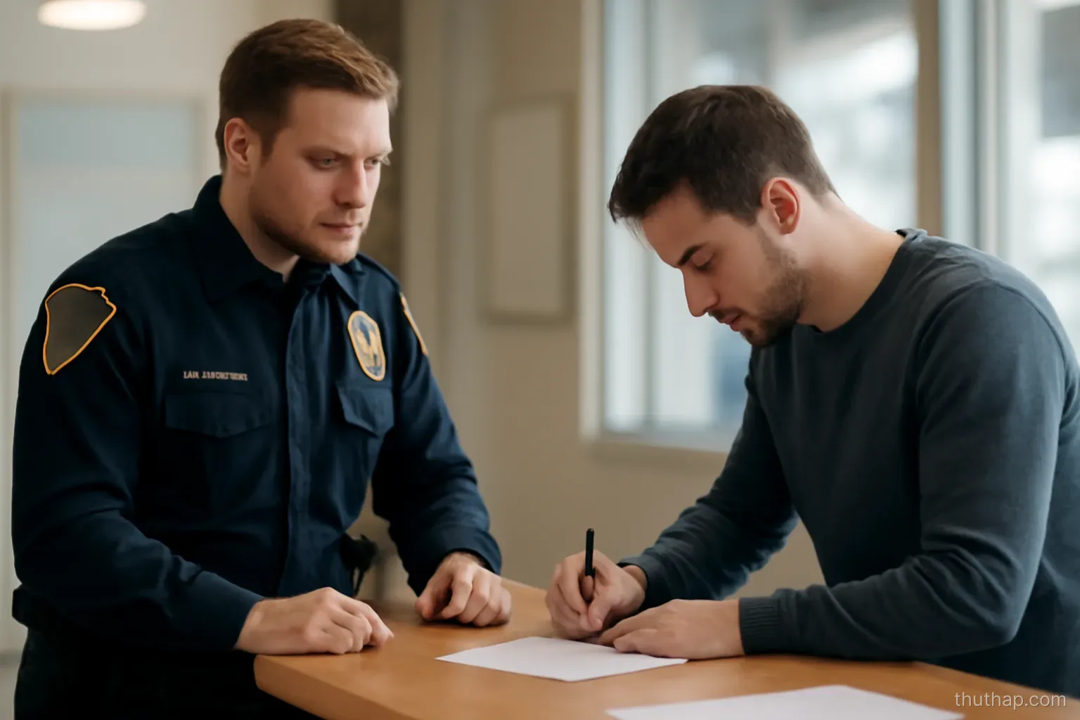 an officer standing beside a desk watching someone sign a document at the counter