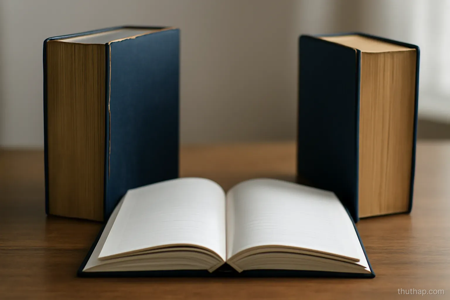 two thick dictionaries standing side by side with an open notebook lying between them