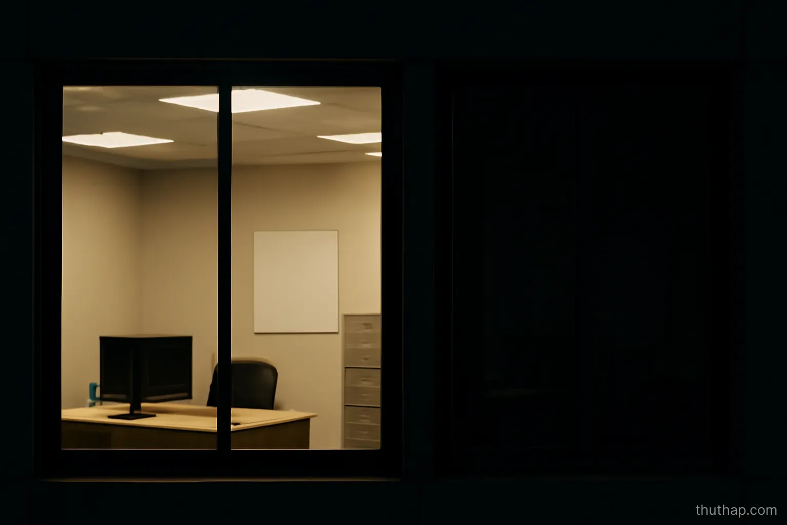 two office windows side by side, one lit and one dark, seen from outside at night