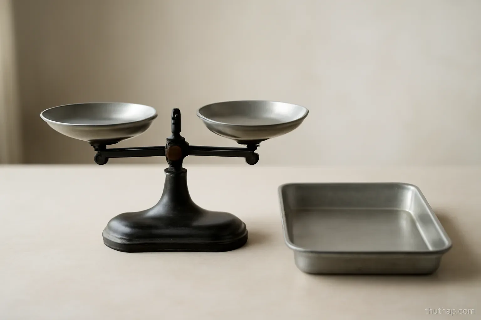 a set of scales resting level on a plain table beside an empty tray