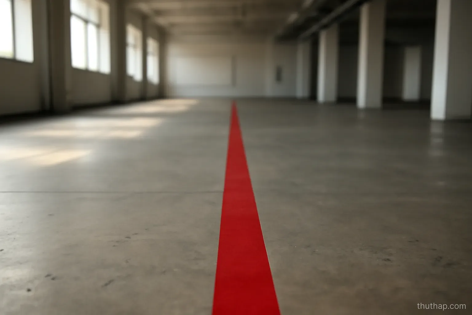 a bright red line painted straight across a concrete floor in an empty hall