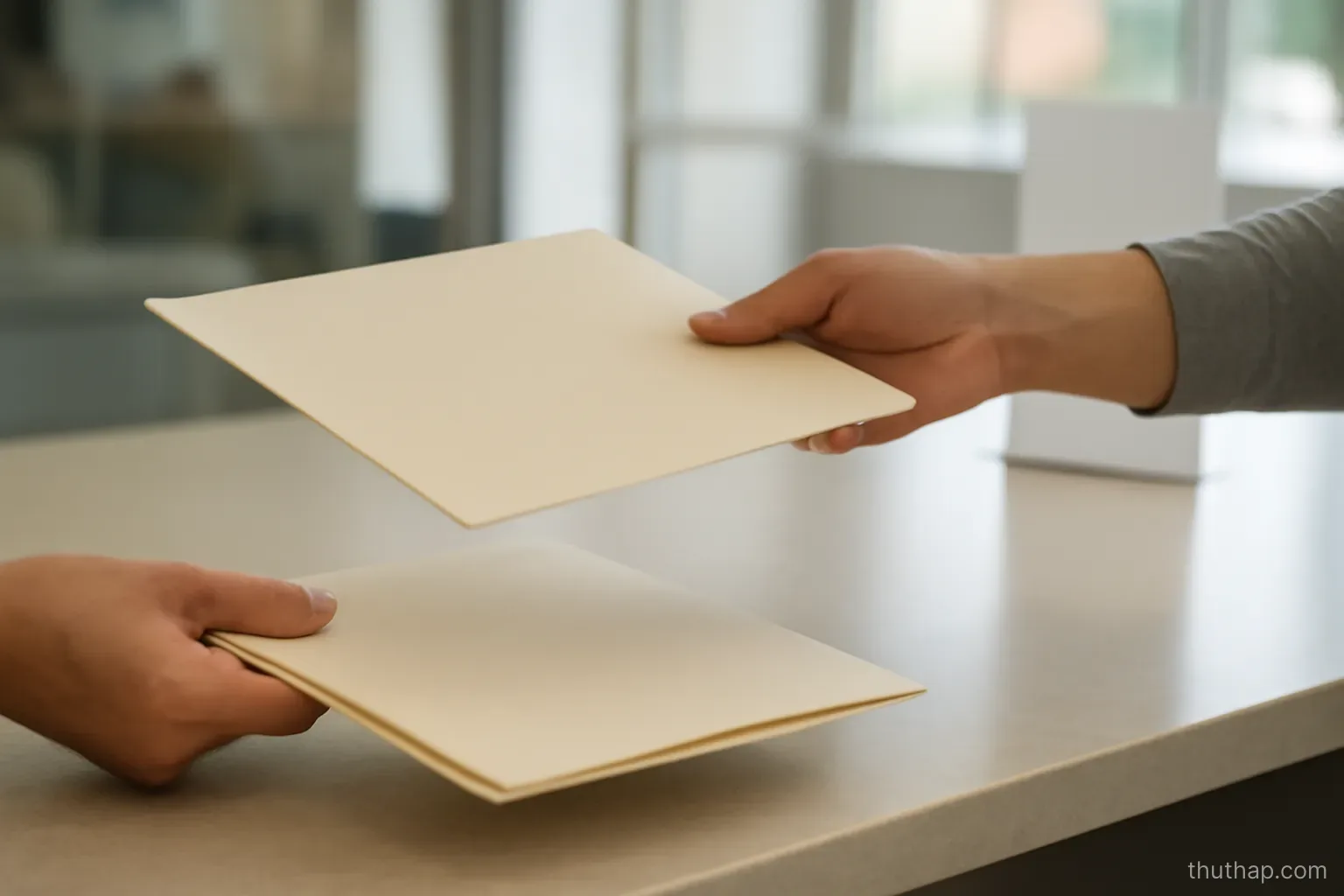 a hand passing one folder across a wide counter while holding another folder back
