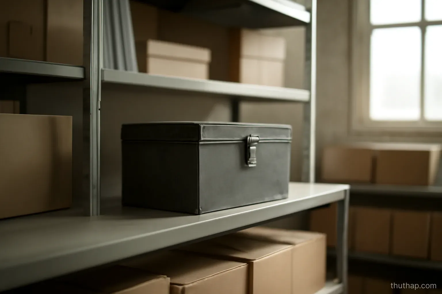 a closed metal box sitting on a high shelf in a dry and tidy storeroom