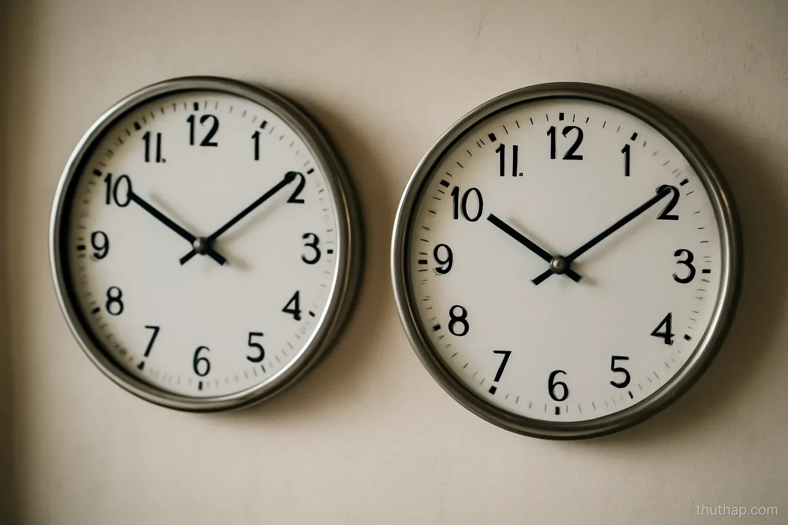 two round clocks hanging side by side on a wall showing two different times