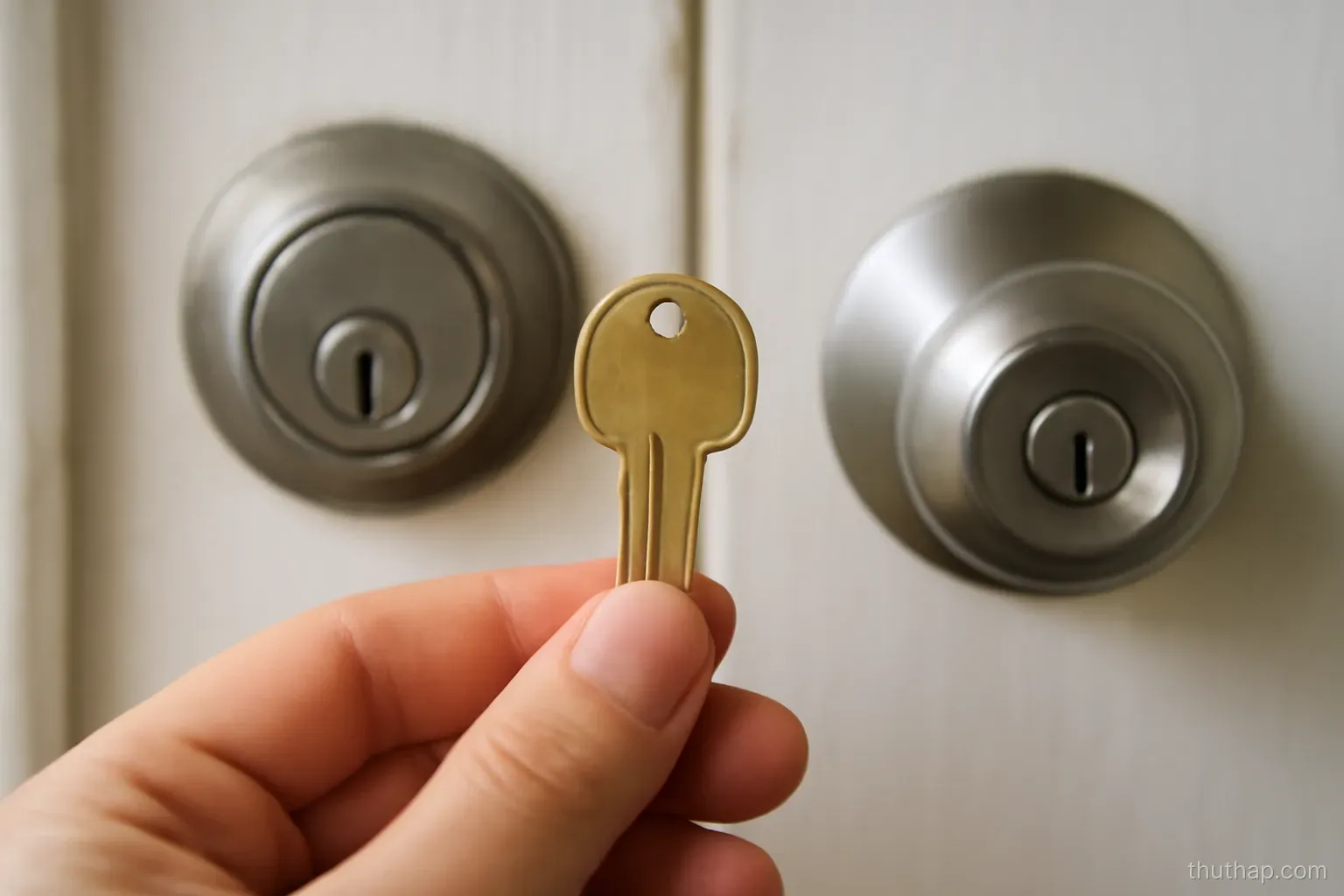 one key held up in front of two different door locks side by side