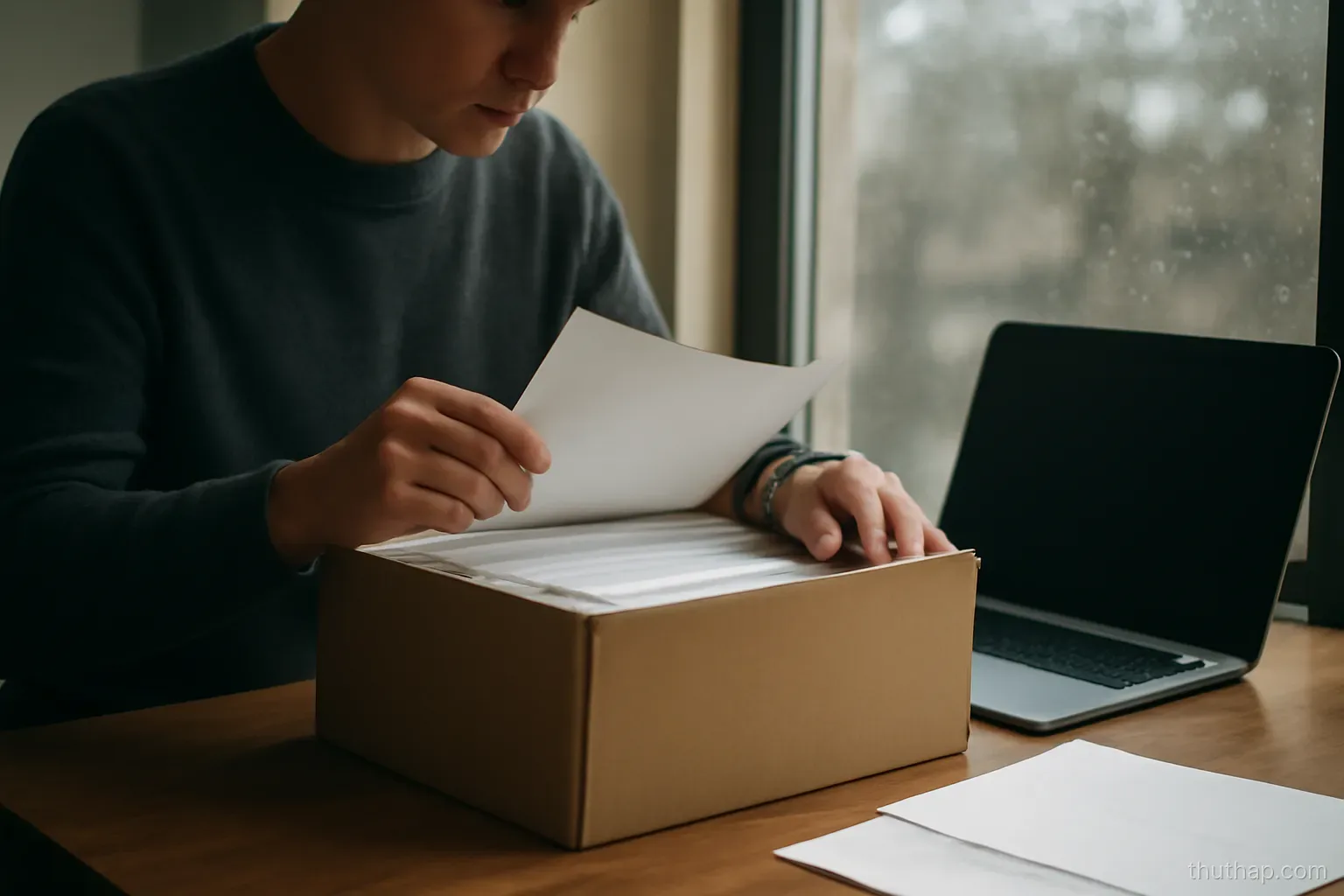 a person going through a box of papers at a table on a rainy afternoon