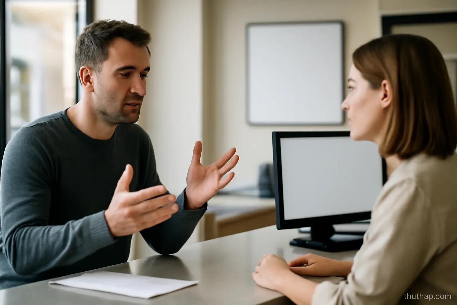 a person at a counter describing something with their hands to a clerk opposite