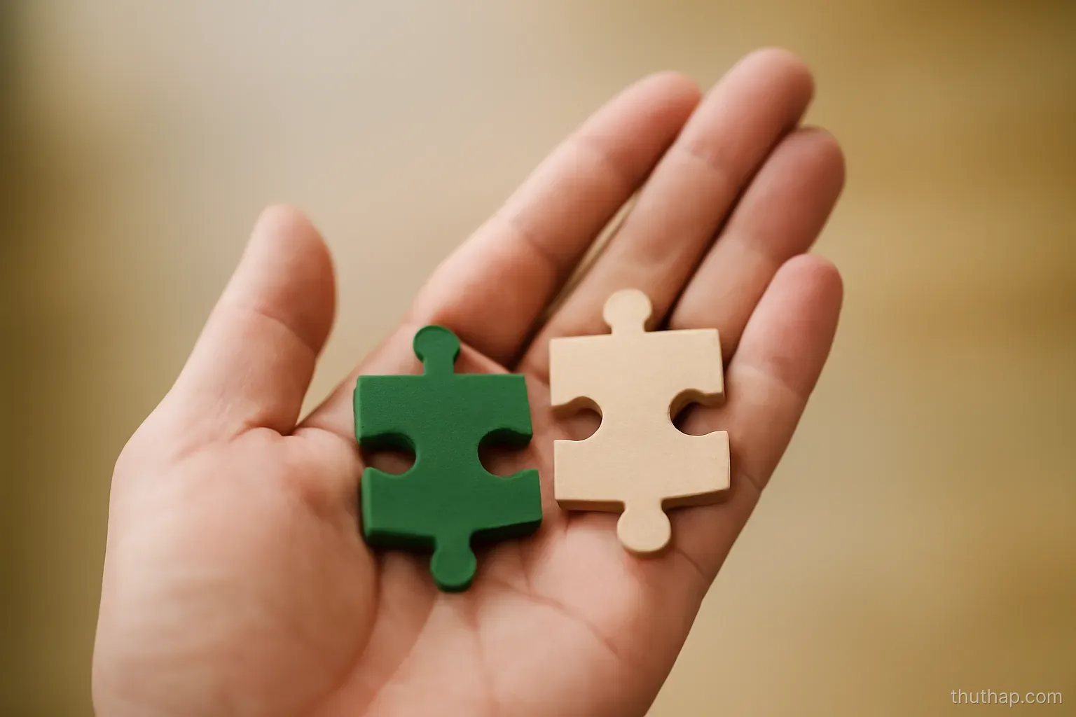 two puzzle pieces from two different sets held side by side in one open hand