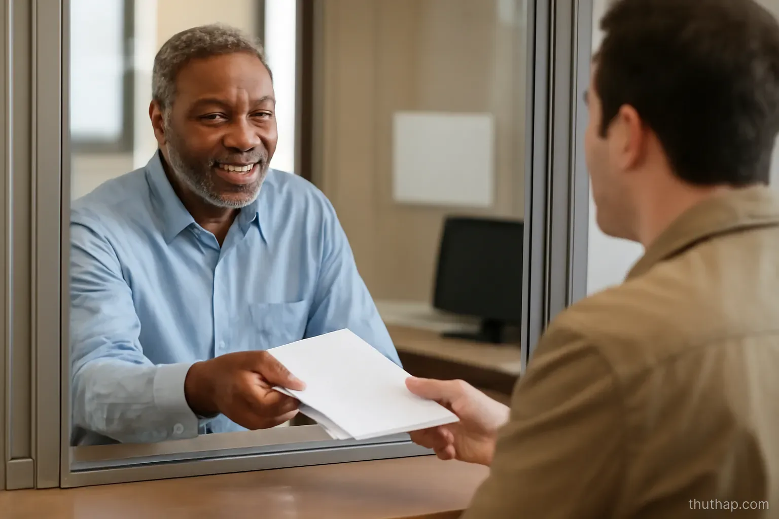 a clerk handing a freshly prepared document to a person waiting at the counter window