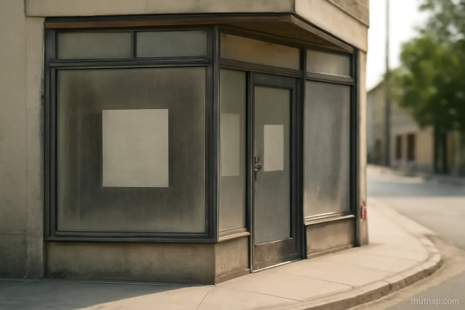 an empty storefront with bare dusty windows standing at a quiet street corner in daylight
