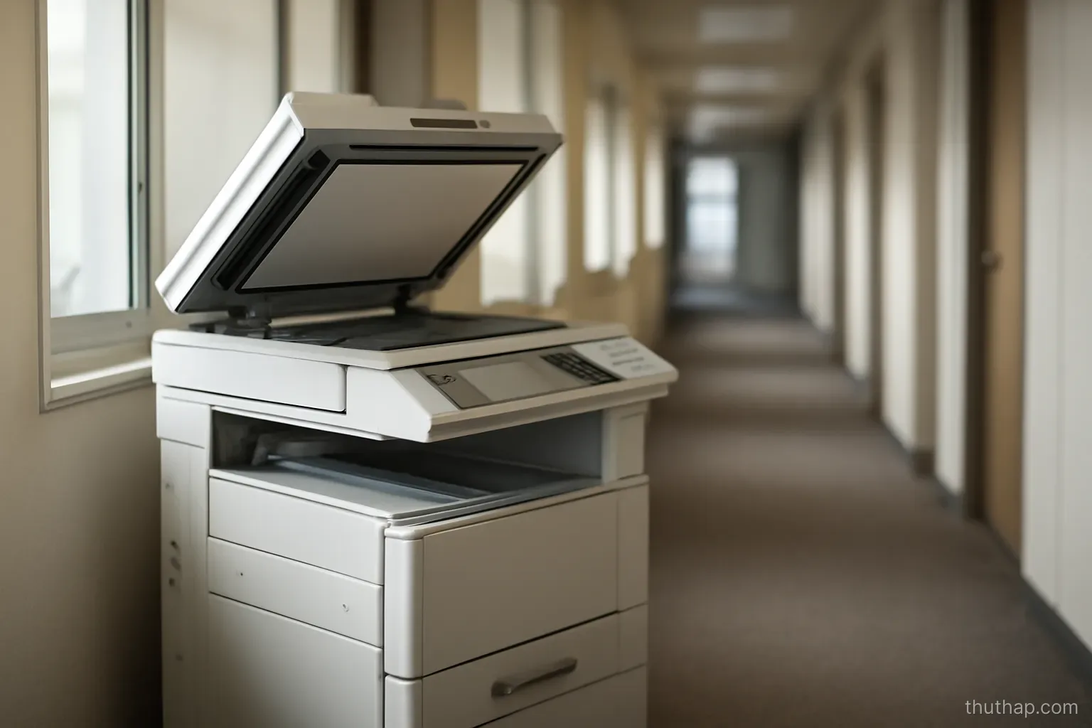 a photocopier standing with its lid open in a quiet and empty office corridor
