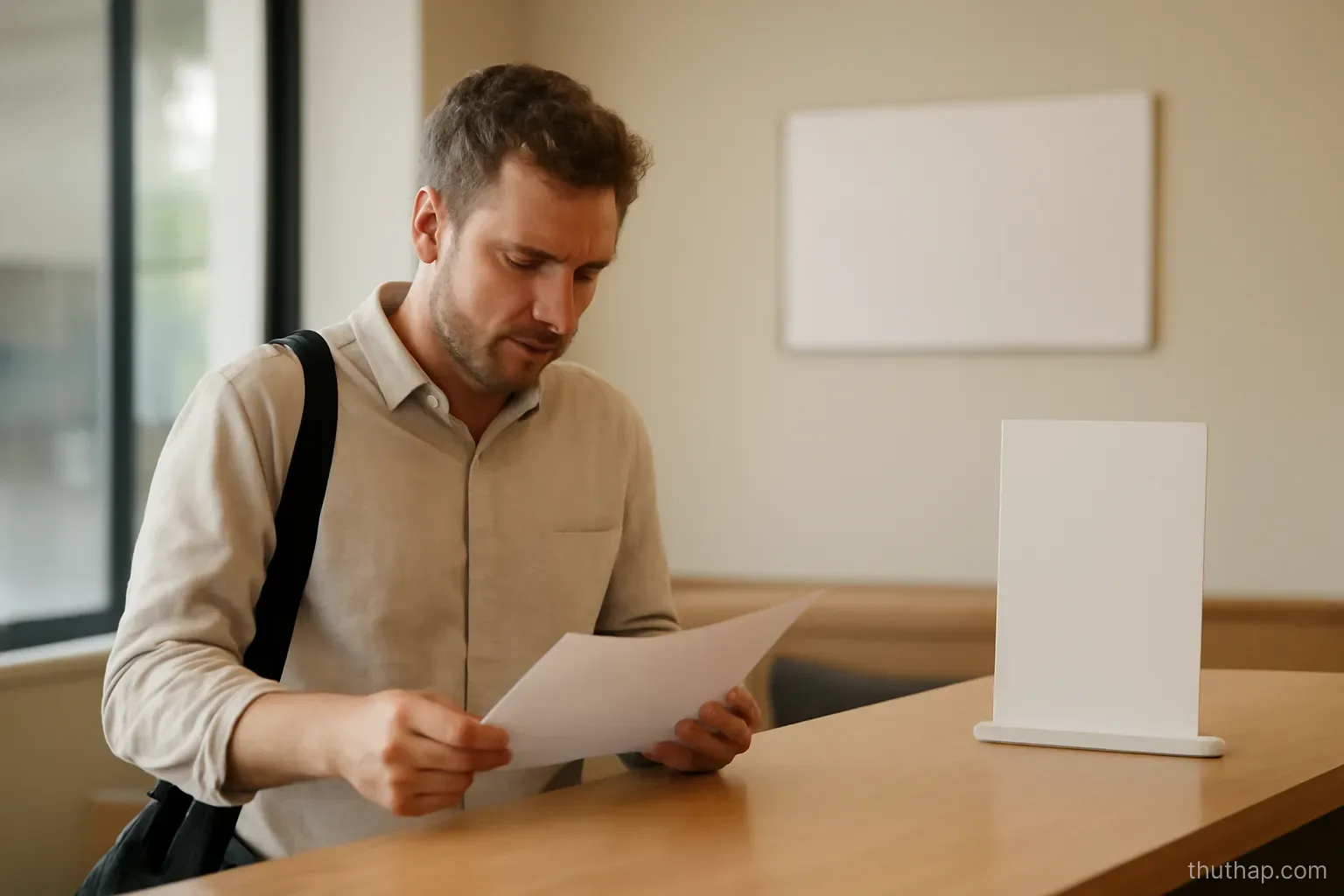 a person pausing at a counter to look over a document carefully before leaving