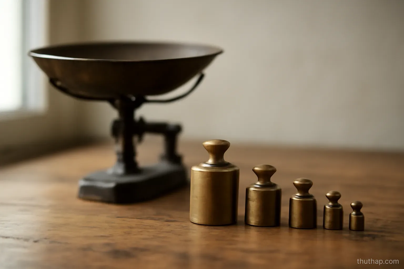 five small brass weights arranged in a neat line beside an old balance scale