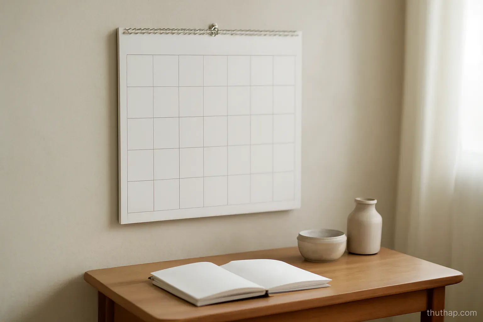 a wall calendar with completely blank squares hanging above a small wooden side table