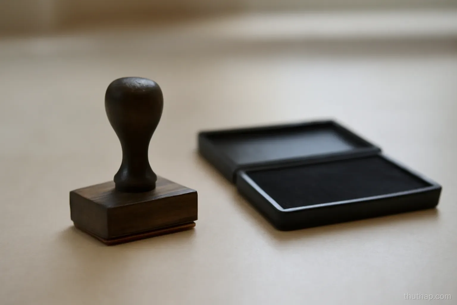 a rubber stamp and an ink pad sitting apart from each other on an empty counter
