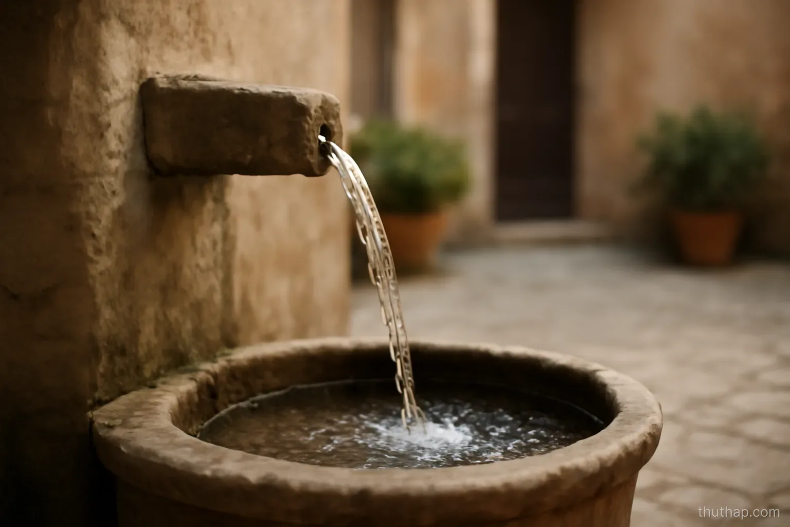 water flowing from a stone spout into a small basin in a quiet courtyard