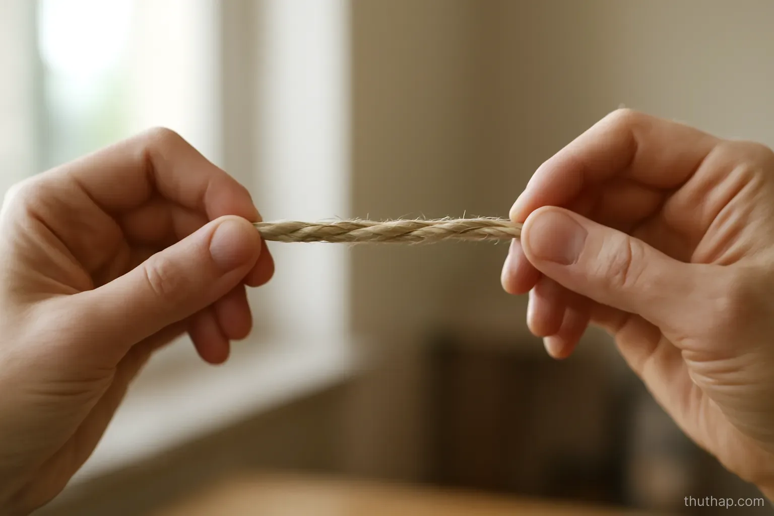 many thin threads twisted together into a single cord held up in two hands