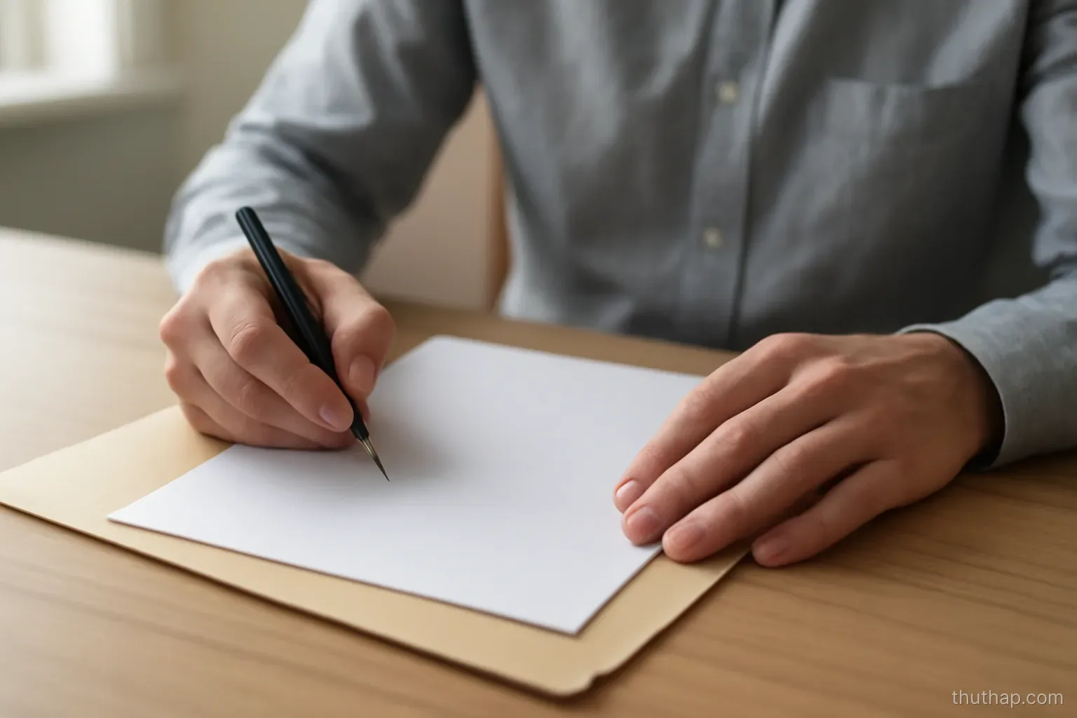 a person filing a new sheet into a folder with a pen in hand