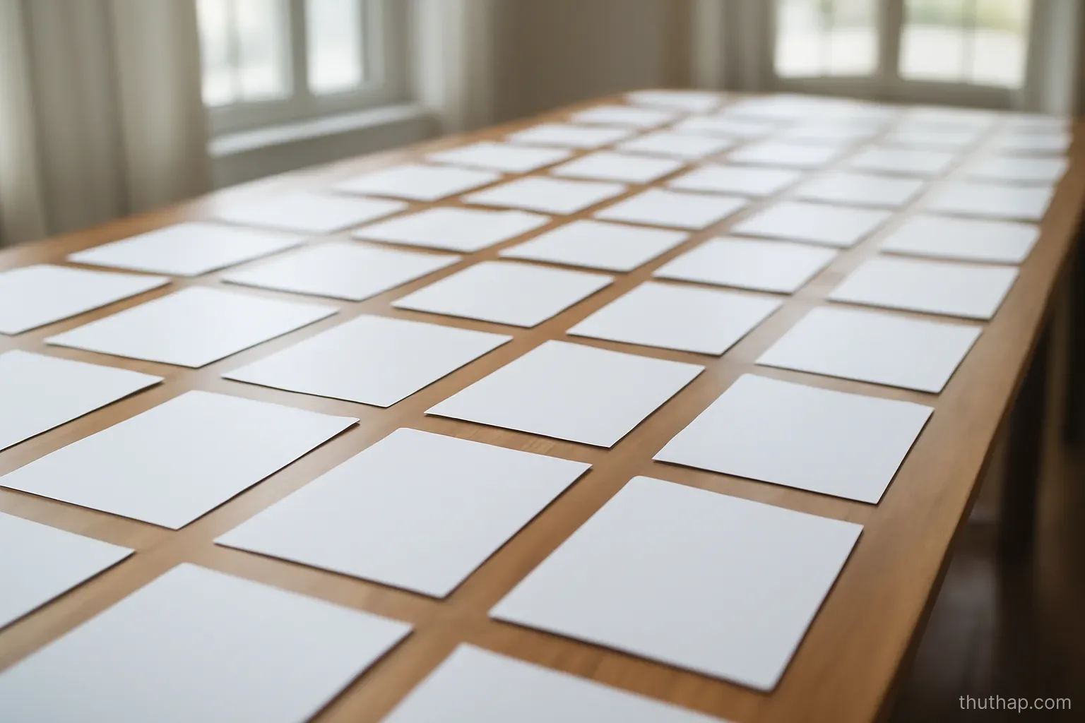 a long table with many sheets of paper laid out in even rows across it