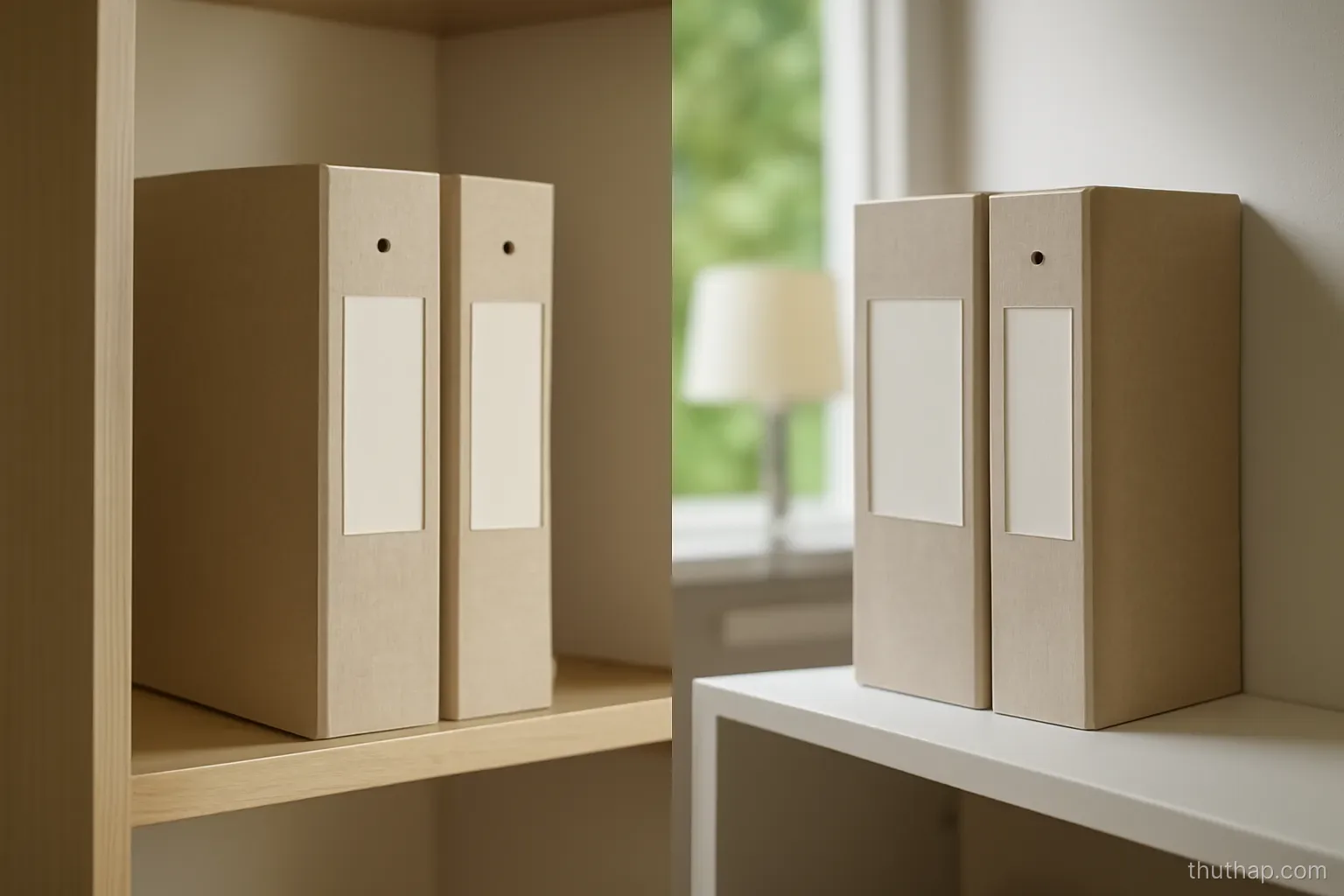 two matching document folders placed on shelves in two different rooms of one house