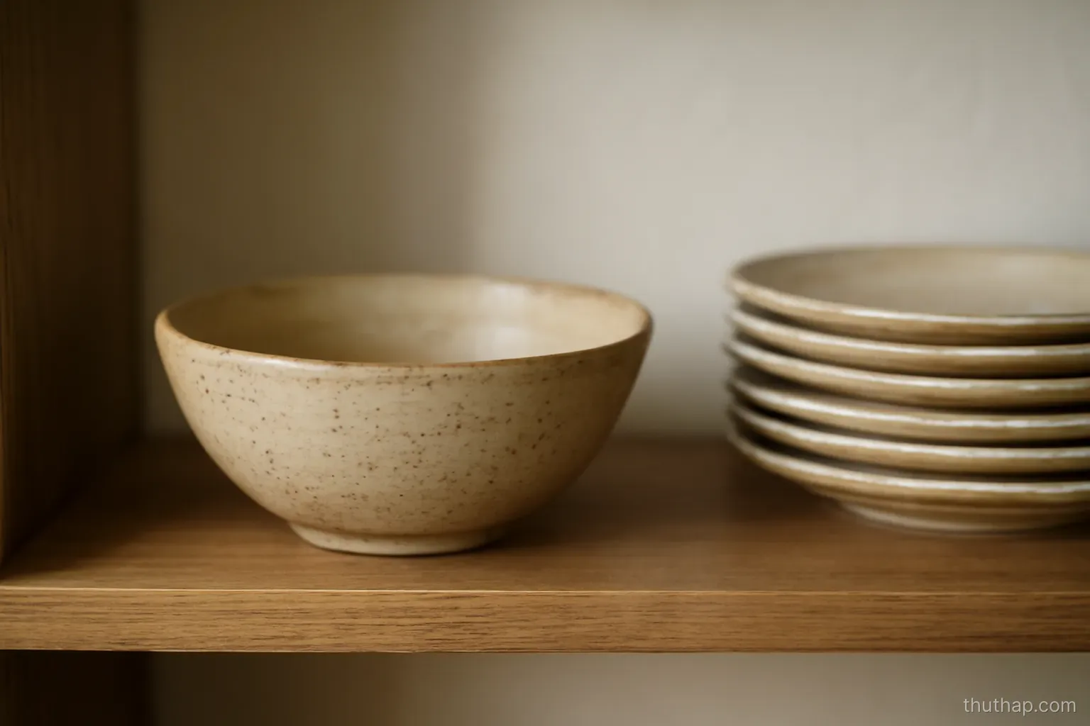 a single handmade bowl on a shelf next to a stack of identical plates