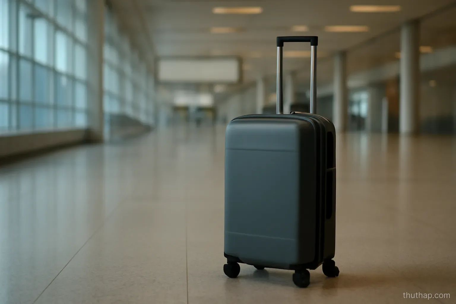 a single suitcase standing alone on a polished floor in a wide empty terminal