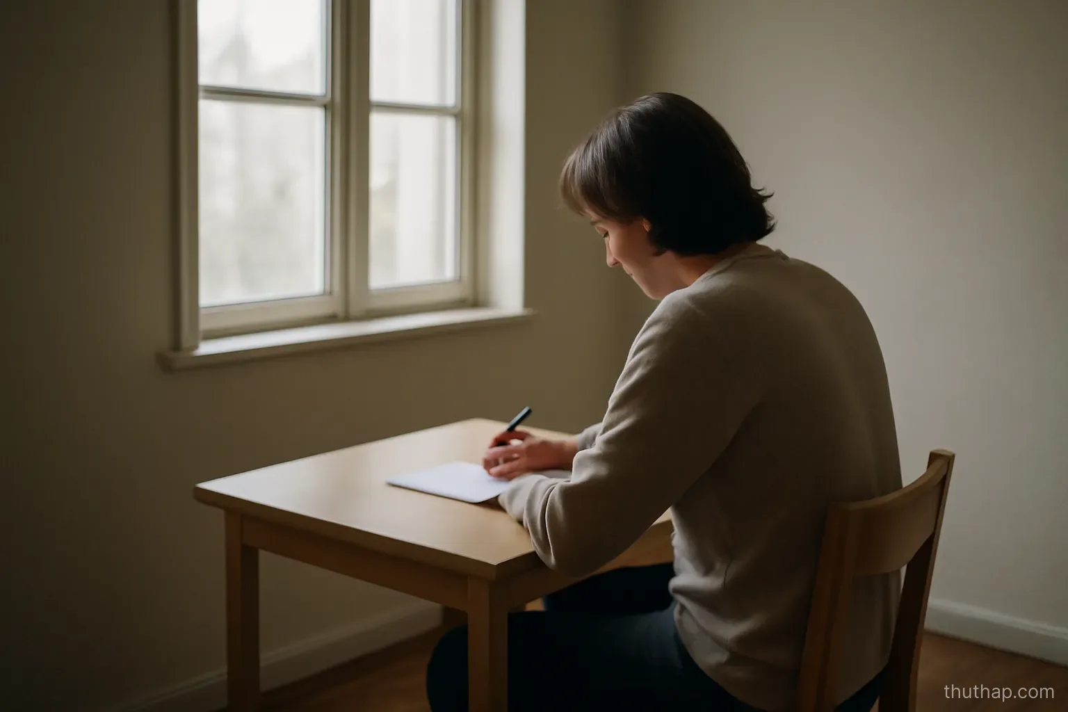 a person writing at a small table by a window in an otherwise empty room