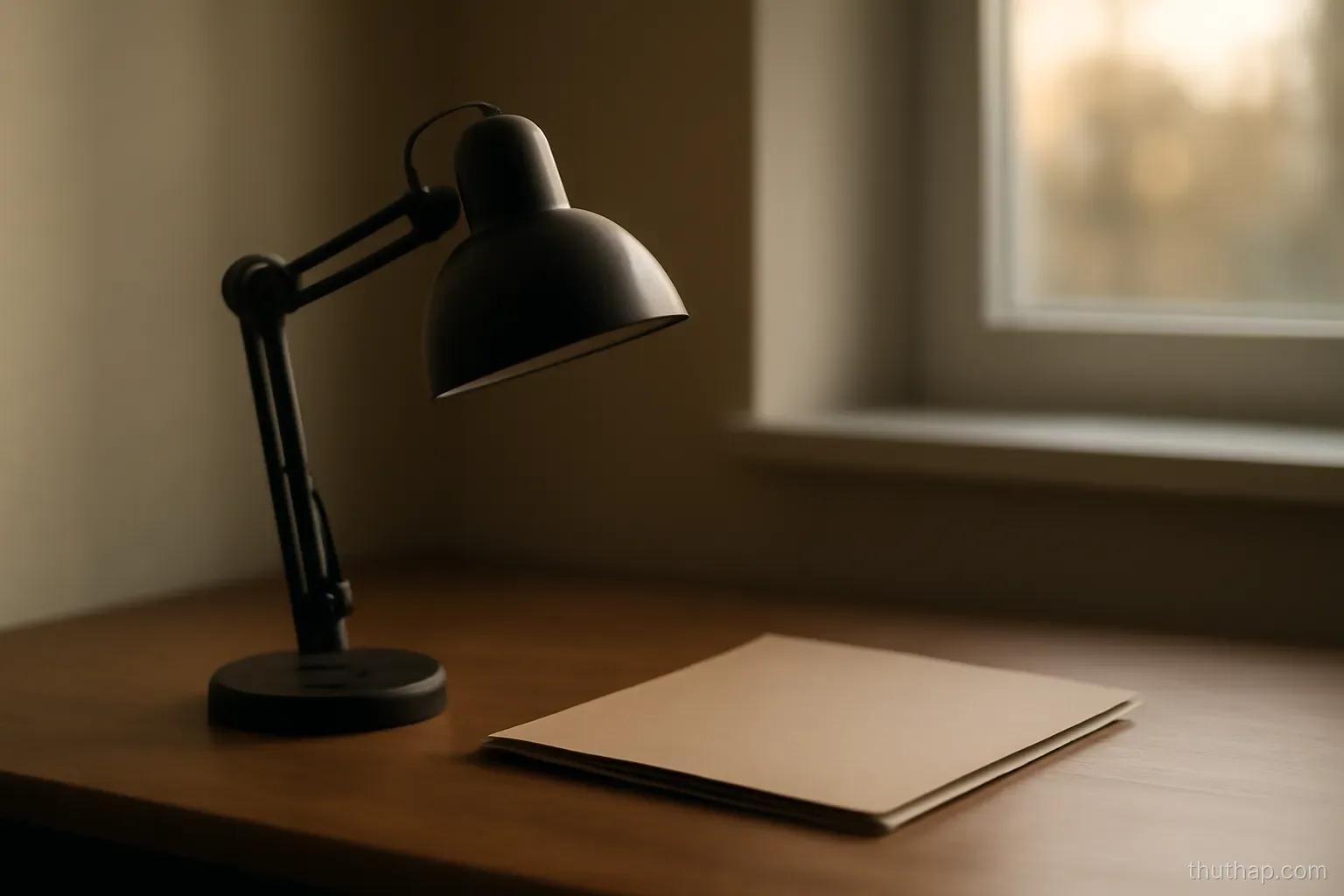 an unlit desk lamp beside a closed folder at the end of a day