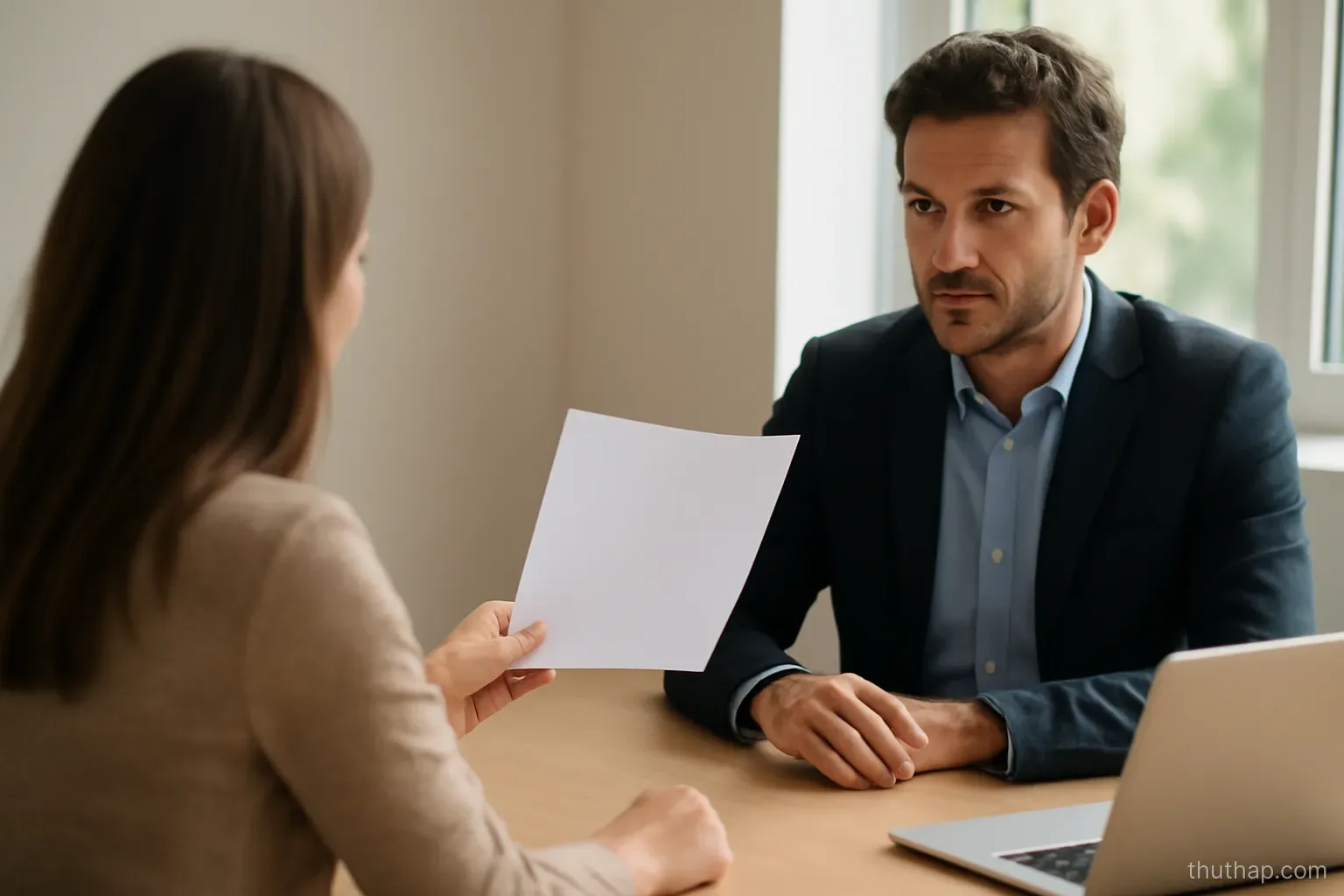 two people seated on opposite sides of a table with one holding out a paper