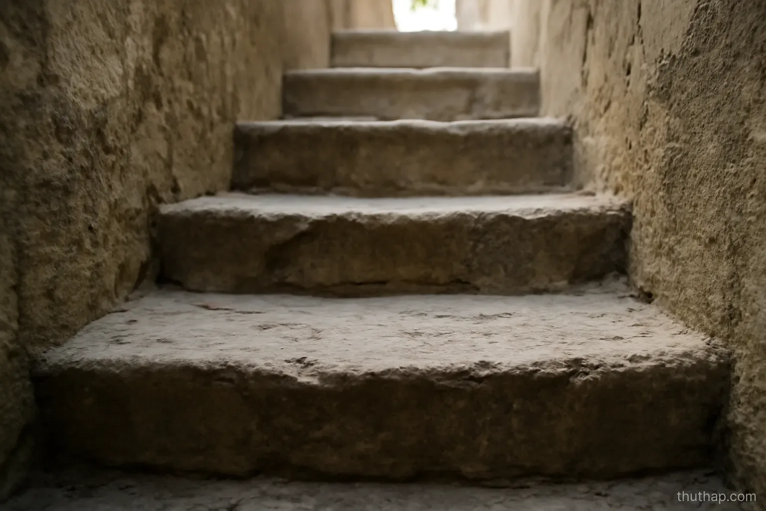 three worn stone steps of a narrow outdoor staircase seen from below in daylight