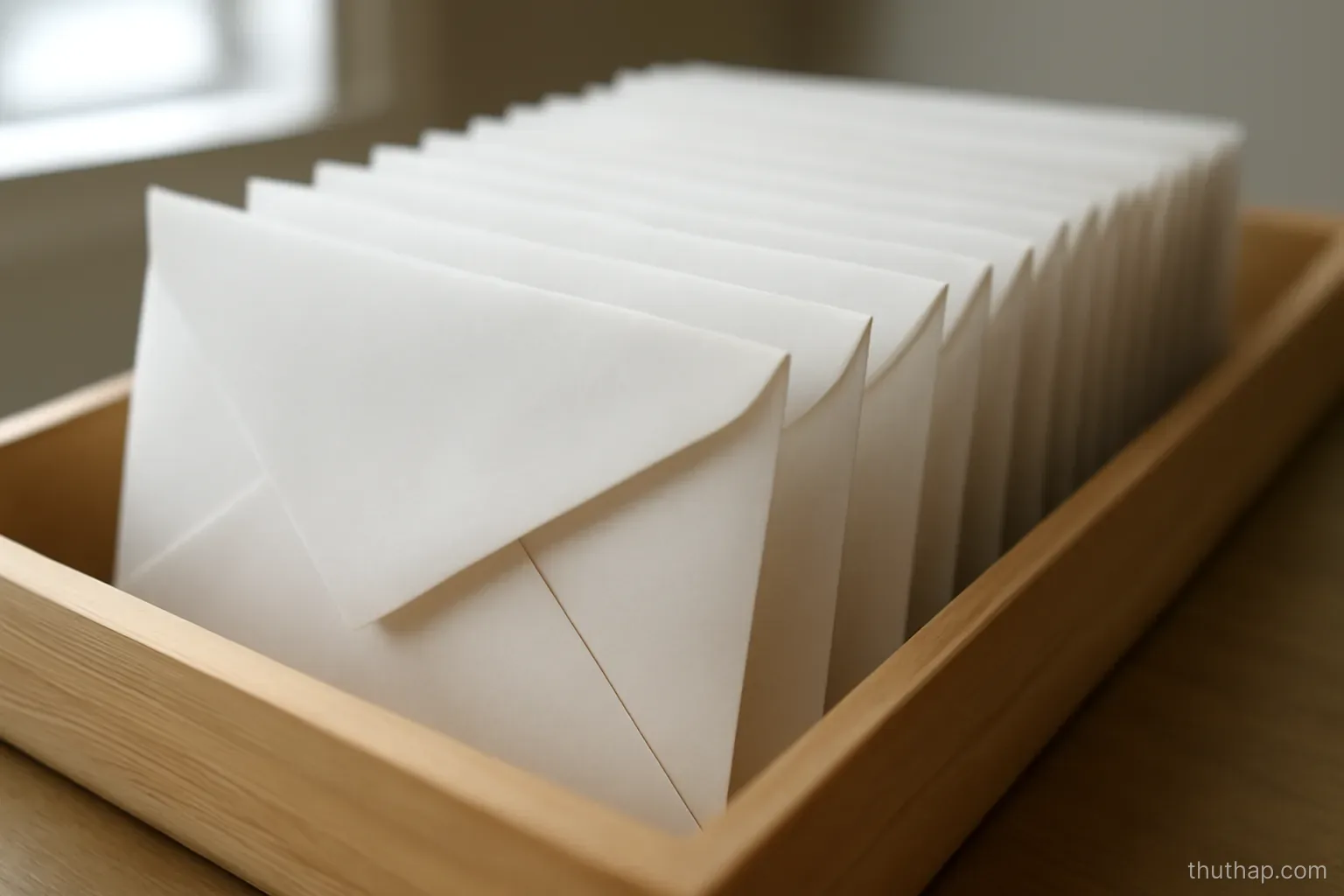 a row of envelopes standing upright in a long shallow drawer, front to back